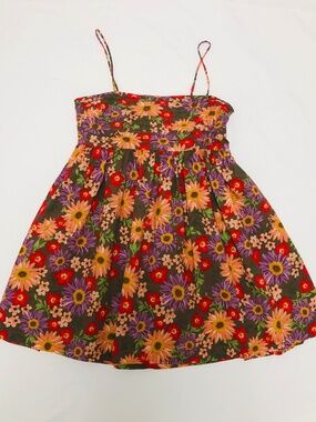 Millibon Retro Floral Mini Sundress Sunflower Print Size L, Cotton, Made In USA